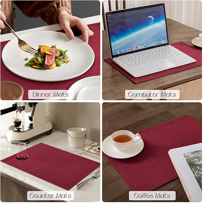 Romanstile Cloth Placemats Set of 8-12 x 18 Inch, Heat Resistant Double Layered Thickened Burlap Christmas Place Mats, Washable Faux Linen Farmhouse Table Mats for Kitchen/Dining/Party/Outdoor, Red