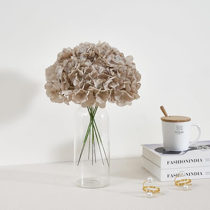 Artificial Hydrangea Flowers Coffee Heads 10 Fake Hydrangea Silk Flowers for Wedding Centerpieces Bouquets DIY Floral Decor Home Decoration with Stems(VASE NOT Included)
