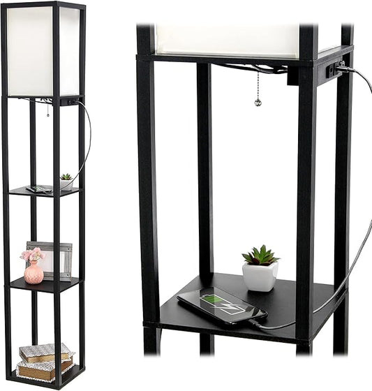 Simple Designs LF1037-BLK Floor Lamp Etagere Organizer Storage Shelf with 2 USB Charging Ports, 1 Charging Outlet and Linen Shade, Black