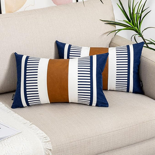Set of 2 Navy Blue and White Stripe Throw Lumbar Pillow Covers 12x20 inch,Faux Leather Modern Accent Boho Cushion Cover for Couch Living Room Bedroom