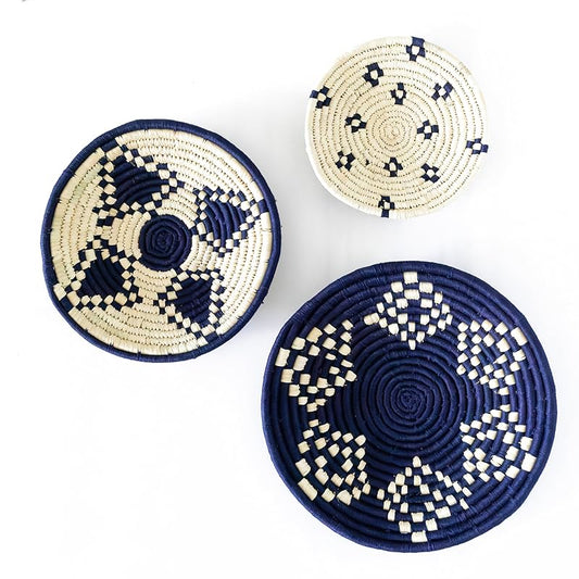 Set of 3 Round Boho Hanging Wall Basket Home Decor for Bedroom, Kitchen, Farmhouse Handmade Decorative Unique Indian Wall Decor Woven Wicker Baskets Decorations (Set of 3, NavyNook)