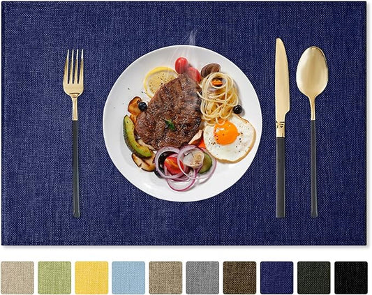 Romanstile Cloth Placemats Set of 8-12 x 18 Inch, Heat Resistant Double Layered Thickened Burlap Place Mats, Washable Faux Linen Farmhouse Table Mats for Kitchen/Dining/Party/Outdoor, Navy Blue