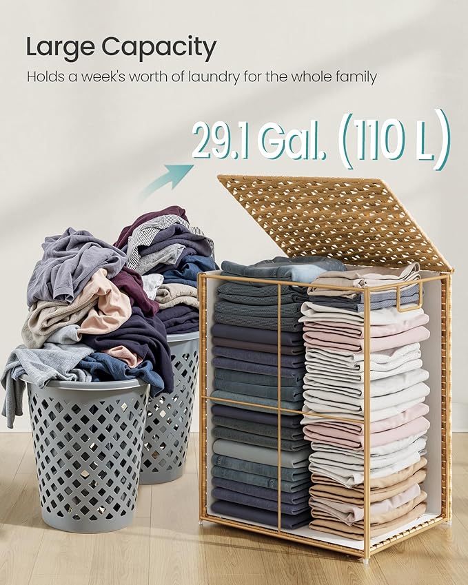 SONGMICS Laundry Hamper with Lid, 29.1 Gallon (110 L) Synthetic Rattan Clothes Laundry Basket with Lid and Handles, Foldable, Removable Liner, Goose Yellow ULCB152Y01
