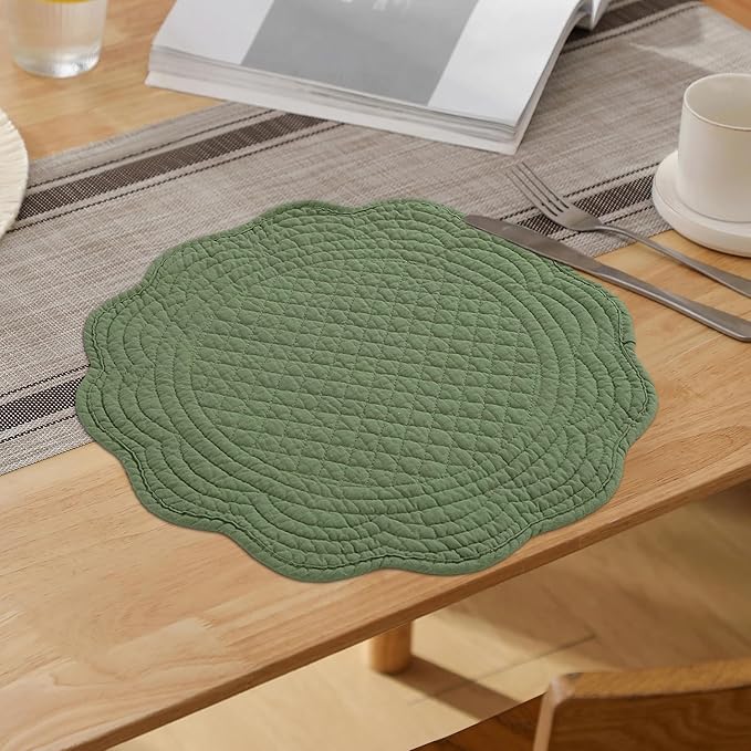 HOMBYS Quilted Placemats Set of 6 Washable Round Placemats for Kitchen Table-100% Cotton Fabric 13 Inch Round Table Mats, Cotton Fabric with Microfiber Filling (13"x13", Emerald Green)