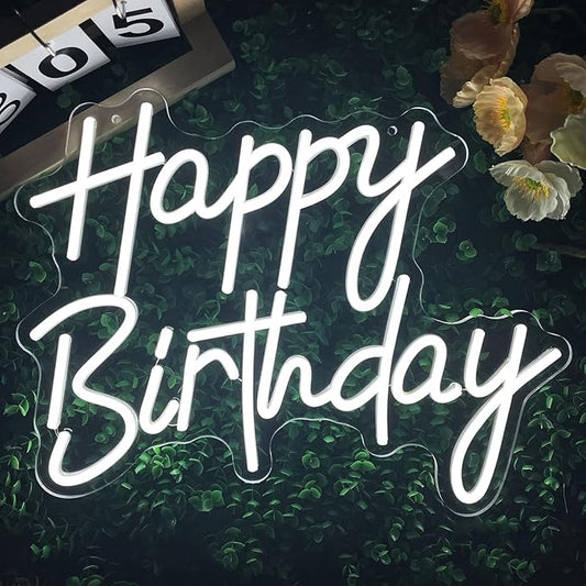 Happy Birthday Neon Sign for Wall Decor, White LED Neon Light Signs, Dimmable Art Decoration Happy Birthday Neon Light Sign for All Birthday Party Decoration 15.7×13 Inch