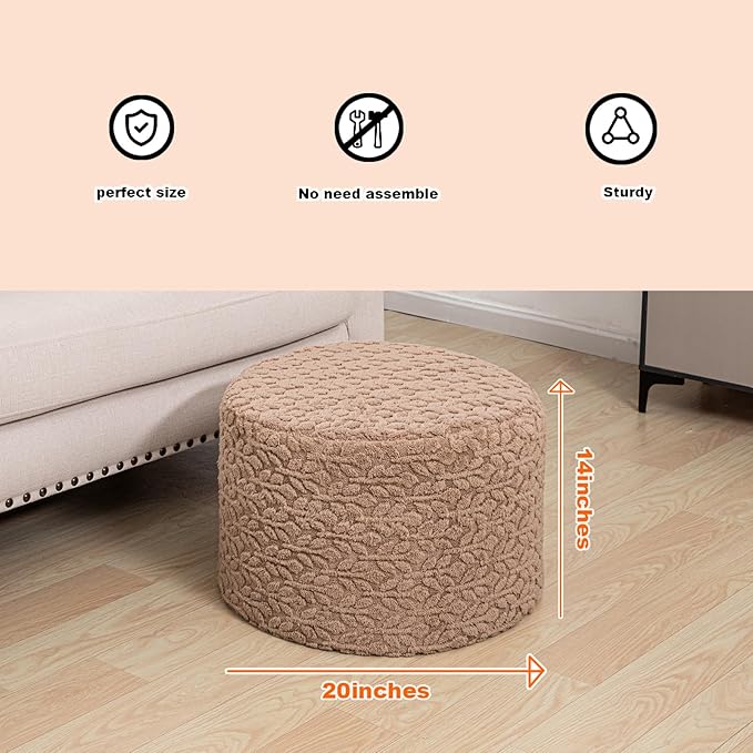 Round Pouf Ottoman Stuffed 20 x 20 x 14 Inches Boho Poof Foot Stool Home Decor Floor Pouffe Ottoman Foot Rest for Couch Sofa Bean Bag Chairs Living Room Bedroom (Brown)