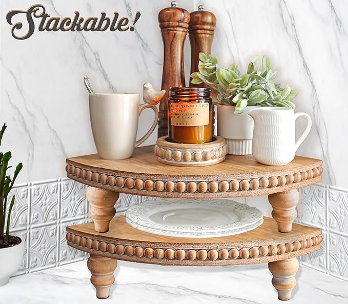 Farmhouse Corner Shelf Stand [with Removable Feet] - Bathroom Countertop Organizer, Decorative Tray Riser, Beaded Wooden Tray, Corner Tray Plant Stand, Coffee Bar Organizer for Kitchen Countertop