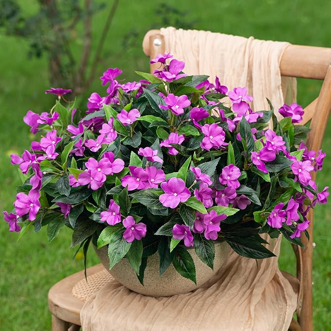 15.7”Spring Decorations for Home Flowers Fake Plants Fake Flowers Artificial Impatiens Bouquet Flowers for Outdoors Silk Faux Flowers Impatiens Plants Decor Indoor Planters 8PCS (Purple)