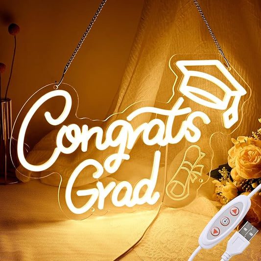 FRAMICS Congrats Grad Neon Sign-10 Adjustable Brightness 2025 Graduation Decorations Lighted Congrats Grad Sign with 9.8 FT USB Power Cord Warm White LED Graduation Sign for Wall Decor Party Backdrop