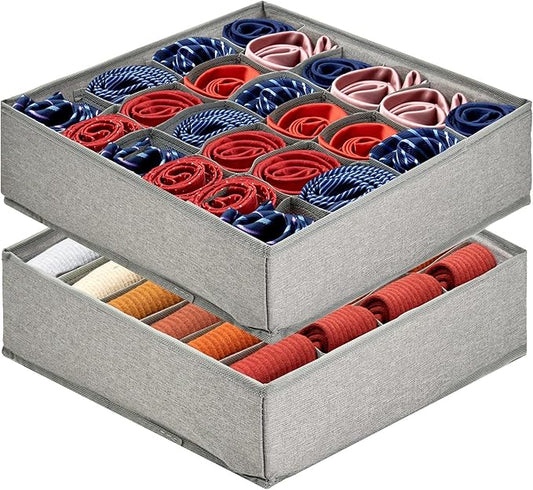 PINGMIC Gray Sock Organizer Divider 2 Pack - 24 Cell Foldable Closet Storage, Tie Organizer For Men Boxes for Socks, Ties, Belts