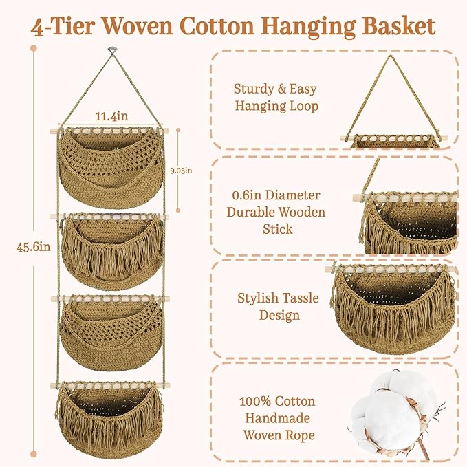 4 Tier Hanging Fruit Basket for Kitchen, 4 Pack Detachable Cotton Crocheted Wall Hanging Baskets Shelf Over Door Organizer for Fruit Veggie Plant, Hanging Storage Basket for Bathroom Bedroom(Brown)