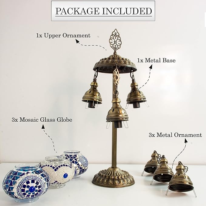 mozaist 3 Light Moroccan Mosaic Table Lamp, Stained Glass Boho Style Turkish Desk Lamp, Farmhouse Antique Living Room, Office Decorative Vintage Lighting with US Plug & E12 Socket (Blue & White)