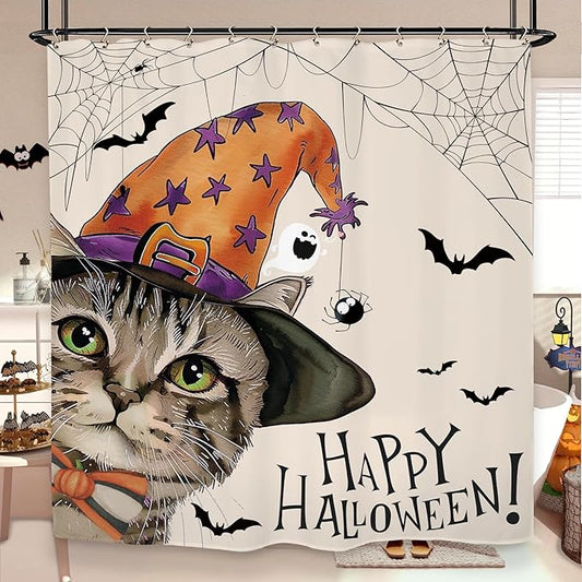Halloween Cat Funny Shower Curtain 60Wx72L Inch Horror Spooky Scary Witch Bat Spider Animal Holiday Bathroom Set Accessories Decor with 12 Pack Hooks