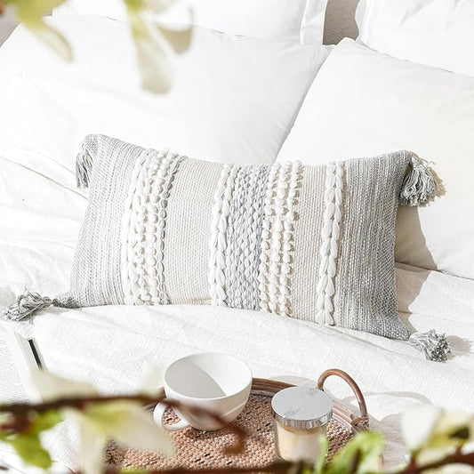 Gray Decorative Lumbar Pillow Cover 14x24, Boho Accent Throw Pillow Case for Couch Sofa Bed, Modern Farmhouse Textured Lumbar Cushion Bedroom Living Room, Cover ONLY