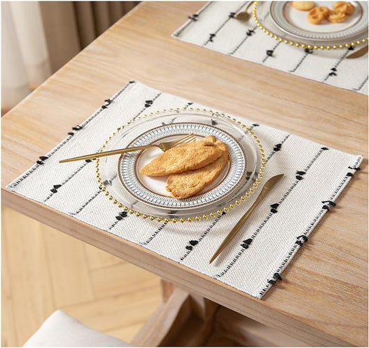 Boho Placemats Set of 4 for Dining Table Decor, Woven Cloth Place Mats for Farmhouse Rustic Kitche Home Decor, Cotton Placemats 13 x 19 Inch, Black and Beige Table mats