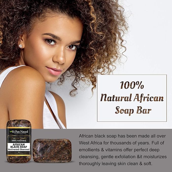 It's Pure Natural African Black Soap Bars with Activated Charcoal (Pack of 3) Organic Raw Soap for Face & Body, Acne Treatment & Dark Spot Remover [Made in Ghana]