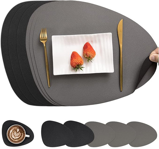 Myir JUN Placemats, Dual-Sided Placemats Waterproof Faux Leather Placemats Set of 6 Place Mats and Coasters Non-Slip Washable Table Mats for Dining Table (Gray Black, Set of 6)