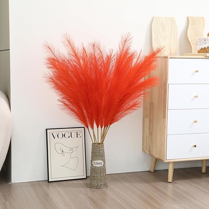 Orange Pampas Grass Decor- 45-Inch Set of 8 | Tall Faux Pampas Grass Soft and Fluffy | Large Artificial Pompas Floral | Perfect for Living Room, Office and Wedding Party Centerpieces