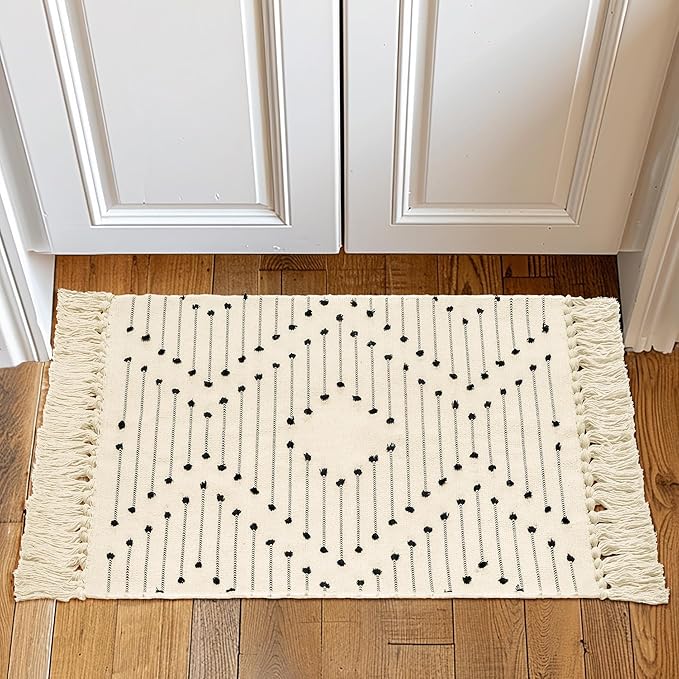 Tritard Boho Bathroom Rug 2x3 - Woven Cotton Area Rugs with Tassels Small Aztec Entryway Rug Washable Farmhouse Bath Door Mat Low Pile Throw Rugs for Entrance, Kitchen, Front Porch, Beige Cream