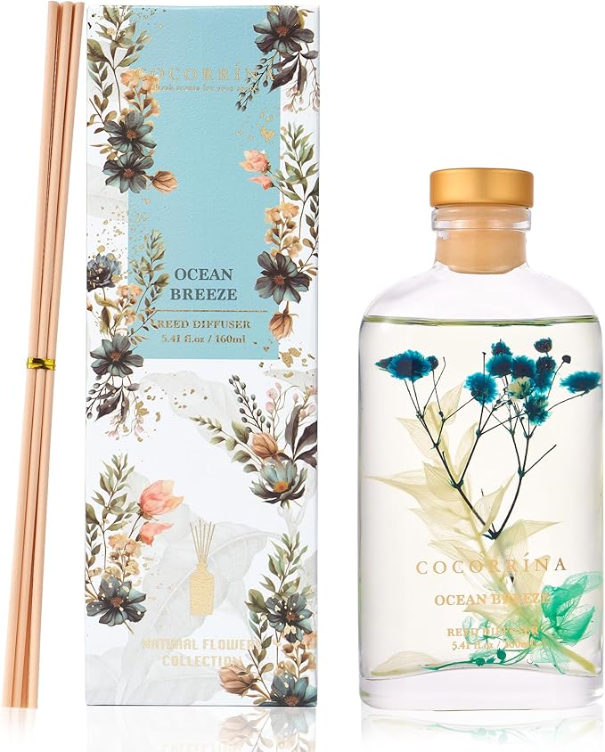 COCORRÍNA Reed Diffuser - Ocean Breeze 5.41 oz Flower Reed Diffuser Set with Sticks, Bedroom Bathroom Shelf Decor (Scented Blooms Collection)