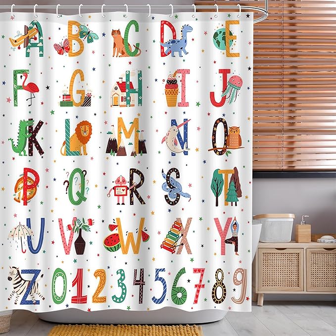 Aperturee Alphabet ABC Learning Shower Curtain for Kids Bathroom Animals Kids ABC Figure Educational Tool Cartoon Animals Girls Boys Colorful Decorative Bath Curtain with 12 Hooks,72x72 Inch