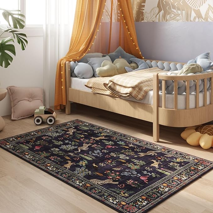 Area Rug 4x6 Rug Washable Boho Rugs Non Slip Low Pile Floral Animal Small Carpet for Bedroom, Bedside, Kids Room, Office, Dining Room (Blue)
