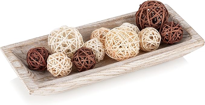 Hanobe Decorative Wood Dough Bowl: Long Wooden Centerpiece Table Decorations Natural Candle Holder Tray Decor Rustic Unfinished Trough Centerpieces for Dining Room Kitchen, White