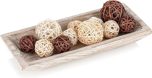 Hanobe Decorative Wood Dough Bowl: Long Wooden Centerpiece Table Decorations Natural Candle Holder Tray Decor Rustic Unfinished Trough Centerpieces for Dining Room Kitchen, White
