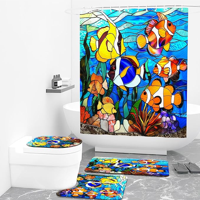 4PCS Fish Shower Curtain Set with 12 Hooks for Bathroom Sets Fish Decor, Non-Slip Rugs and Toilet Mat Lid Rug, Durable Waterproof for Bathroom Stained Glass Fish Decor 72x72 Inch