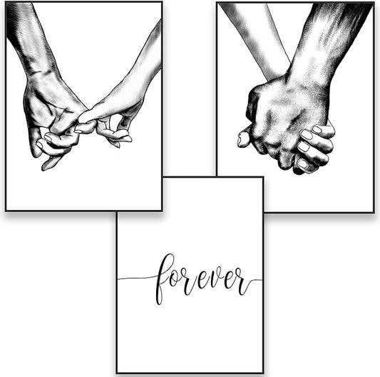 Hands Forever Framed Canvas Wall Art For Bedroom Ready To Hang 12"x16" x3 Panels, Black Frame Prints for Couples Love Drawing Artwork Wall Pictures for Bedroom Decor, House Decorations Living Room
