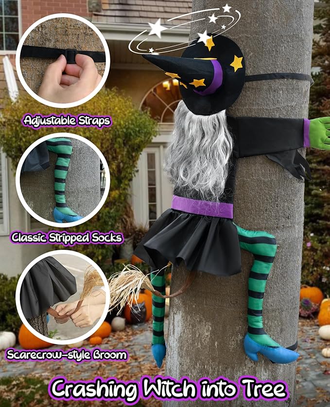Crashing Witch for Halloween Decorations Outdoor: Hilarious Witch Decor with Adjustable Band for Tree Porch Door