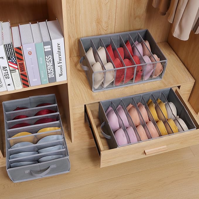 Zilink Upgraded Underwear Drawer Organizer with Support Board, Clear Drawer, 7 Grids Divider, Sock Organizer for Closet, Nursery, Baby Clothes, Bra, Sock, Tie - 3 Pack