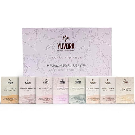 5 OZ Pack of 8 Pcs Women Natural Handmade Body Soaps Floral Radiance Long lasting Luxurious Scents with Natural Ingredients – Sulfate & Paraben Free, Vegan Multi Fragrance With Wooden Soap Dish