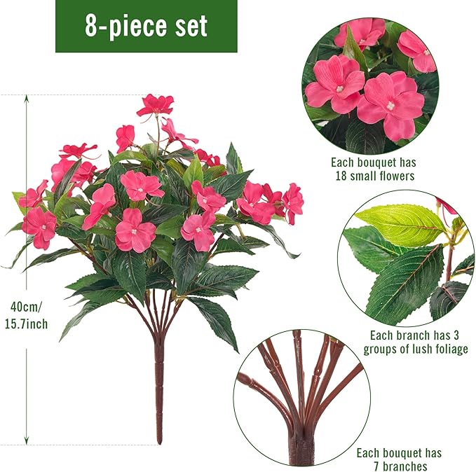 Spring Decorations for Home Flowers Fake Plants Fake Flowers Artificial Impatiens Bouquet Flowers for Outdoors Silk Faux Flowers Impatiens Plants Decor Indoor Planters 15.7" (Rose Red) 8PCS