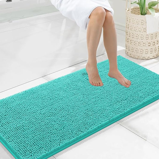 Smiry Luxury Chenille Bathroom Rugs 47x20, Extra Soft and Absorbent Shaggy Bath Mat, Machine Washable, Non-Slip Plush Carpet Runner for Tub, Shower, and Floor, Home Decor Accessories, Turquoise