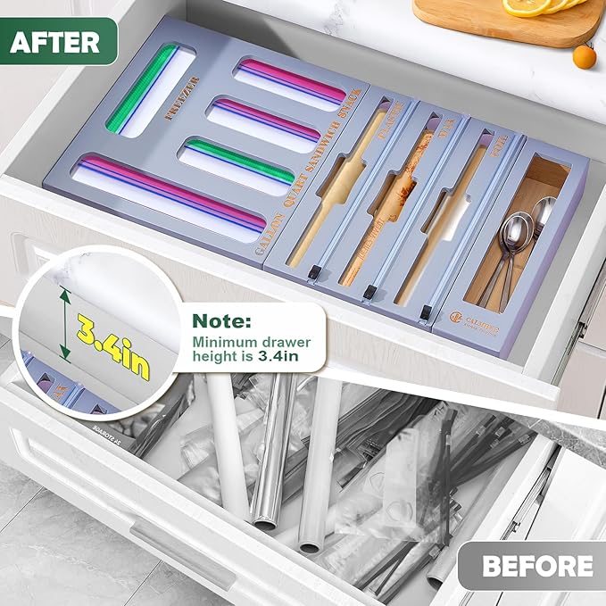 Calmbee Storage Bag Organizer, Foil and plastic Wrap Organizer with Cutter, Kitchen Organizers and Storage Compatible with Gallon, Quart, Sandwich, Snack Bags and 12" Aluminum Foil & Wax Paper, Grey