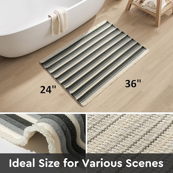 tchdio Striped Bath Mat Rug, Super Absorbent Non Slip Bath Mats for Bathroom Floor 3D Woven Gradient Bathroom Mat with Tassels Machine Washable Bathroom Rugs Beside Tub, 24" x 36", Green