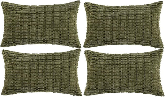 Fancy Homi 4 Packs Boho Moss Green Decorative Throw Pillow Covers 12x20 Inch for Couch Bed Sofa, Rustic Modern Farmhouse Home Decor, Soft Plush Corduroy Cute Rectangle Cushion Case 30x50 cm