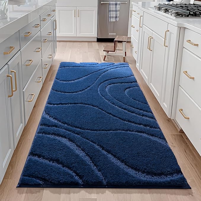 EXDE Bathroom Rugs Mat, Soft Plush Shaggy Microfiber Bath Rug, Non Slip Bath Mats for Bathroom Runner Floor, Machine Washable Absorbent Carpet for Shower Tub, Navy Blue 24"x47"