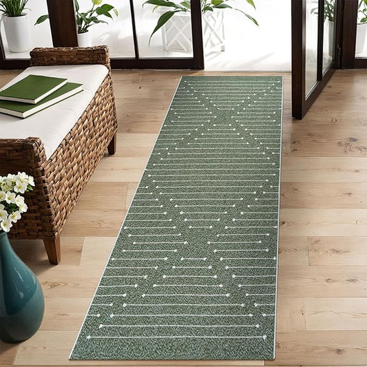 LIVEBOX Green Runner Washable Rug 2'x6', Boho Long Hallway Runner Rugs, Moroccan Woven Kitchen Runners, Entryway Throw Rug Indoor Cotton Mat for Bedroom Laundry Bathroom(Green & White)