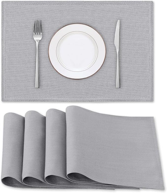 H.VERSAILTEX Linen Placemats Set of 4 Premium Solid Table Placemats for Dining Table Spill-Proof Waterproof Table Mats Heat-Resistant Kitchen Table Mats Washable, 12x18 inches, Grey