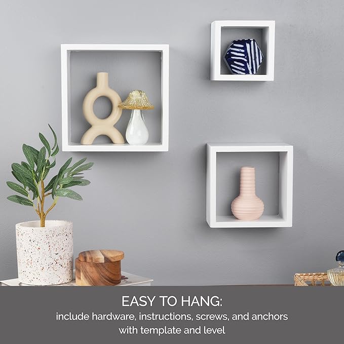 Melannco Floating Square Cube Shelves, for Bedroom, Living Room, Bathroom, Kitchen, Nursery, Set of 3, White, 3 Count