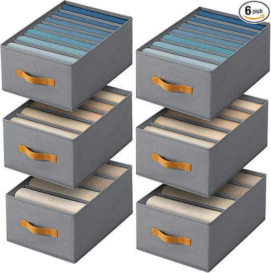 Clothes Organizers and Storage - 4/5/7 Grids Fabric Jeans Organizer with Handles, Foldable Closet Organizers Dividers, Wardrobe organizer for Pant, Sweater, T-shirt, Scarf, 6 Pack, Pale Grey