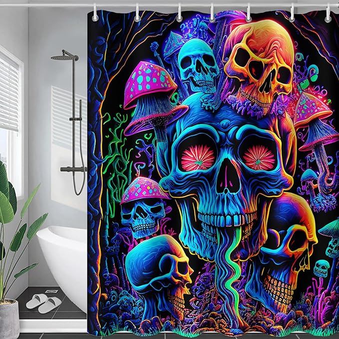 AILONEN Mushroom Skull Shower Curtain for Bathroom,Purple Mushroom Skull Bath Curtain,Fantasy Fairy Skull Skeleton Decoration Bathroom Waterproof Shower Curtain with 12 Plastic Hooks, 72" W*96" H