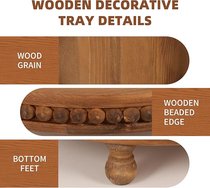 Wooden Tray - Round Beaded Serving Tray for Home Decor, Coffee Table, Kitchen Table, or Farmhouse Decor (Brown)