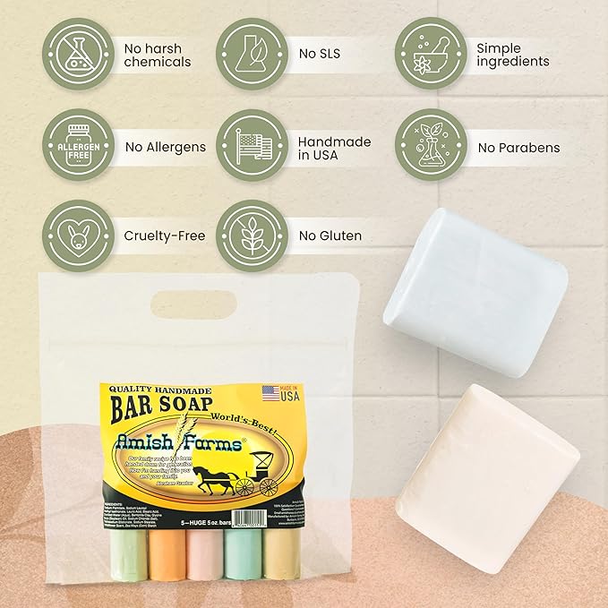 Amish Farms Soap Bar with All Natural Bentonite Clay | Made in USA, Vegan Moisturizing for Sensitive Skin | Women & Mens Face & Body Bath Soap for Shower | Clean Scent | 5 Ounce Each (5 Bars)