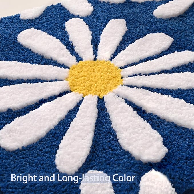 QJHOMO Navy Blue Bathroom Rugs Cute Daisy Bath Mat White and Yellow Flower Decor Rug Non Slip Floor Carpet Microfiber Bathmat Super Absorbent Machine Washable Bathtub Mats for Shower (20x32 inch)
