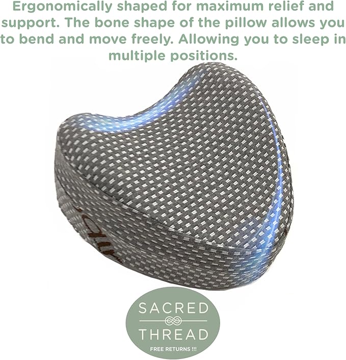 Sacred Thread Memory Foam Knee Pillow for Side Sleepers, for Knee, Hip, and Back Pain, Cooling Rayon Made from Bamboo Cover, Pillow for Between Legs (Grey Heart)