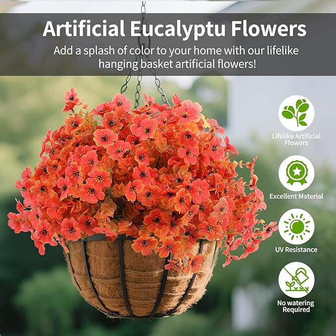 14 Bunch Outdoor Artificial Flowers with Plastic Plants Eucalyptus Faux Flowers, Outdoor Front Porch Hanging Planter Window Frame Garden Decor (Autumn Style)