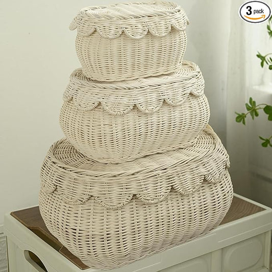 Scalloped Basket with Lid Set of 3,Storage Boxes for Shelves,Decorative Storage Boxes With Lids,Rattan Storage, Shelf Baskets Set for Organizer